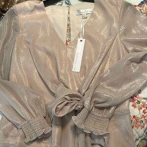 Adelyn Rae Blush champagne colored metallic silky peplum top m